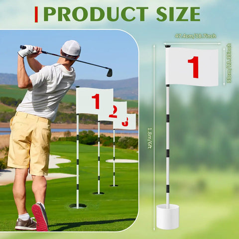 Golfer practicing with Six Foot Golf Flag Stick Set With Three Complete Flag Cup Kits And Numbered Nylon Flags For Backyard Driving Range
