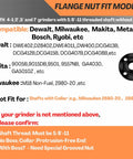 Image of flange nut fit models chart for Universal Angle Grinder Wrench And Nut Kit 5 Pcs Set highlighting compatible brands.