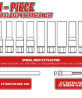 Diagram of 11 Piece Spiral Deep Bolt Extractor Set For Stripped Lug Nuts And Rounded Off Bolts, sizes and parts shown