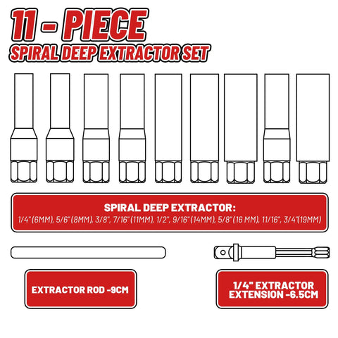 Diagram of 11 Piece Spiral Deep Bolt Extractor Set For Stripped Lug Nuts And Rounded Off Bolts, sizes and parts shown