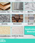 Visual showing application materials: ceramic tile, porcelain tile, marble, granite, stoneware, quartz, microcrystalline stone, artificial stone.