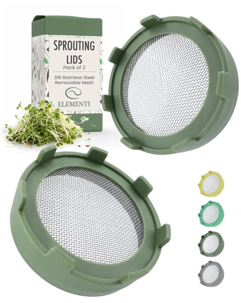 Sprouting Lids For Wide Mouth Mason Jars Set Of 2 Mesh Screen Strainer Lids For Organic Alfalfa And Mung Bean Sprouts Stainless Steel 316 Sage Green Accessory with packaging visible