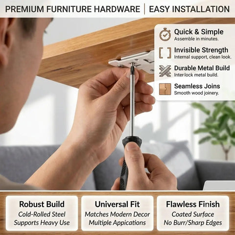 Person installing Beefy Heavy Duty Corner Brackets Set With Quick Fitting L Shape Furniture Joint Braces Black 20 Pieces under shelf.