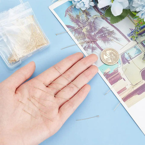 Real 14K Gold Plated Brass Pins Set Dope 180 Pcs 9 Styles Eye Pins Ball Head Pins Flat Head Pins 24 Gauge Eye Pins 23 Gauge Flat Pins For DIY Jewelry Making Earring And Bracelet Crafter Kit, brass pins on hand