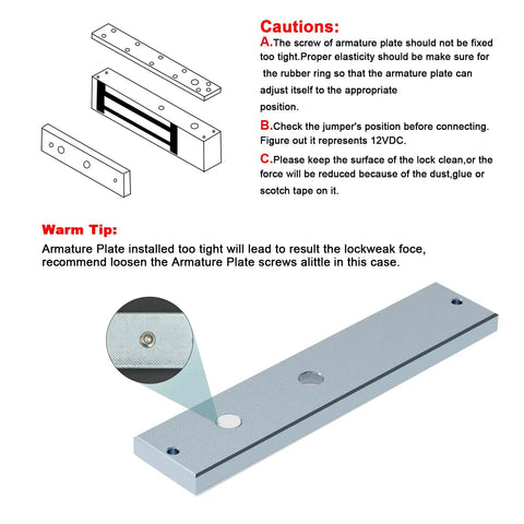 Built Like A Tank Magnetic Door Lock With 1200lbs Grip Electromagnetic Access Control DC 12V armature plate with caution notes and dimensions.