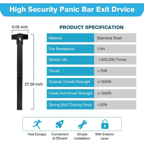 Black Panic Bar Exit Device 27.5 Inch With Exterior Lever For Wood And Metal Doors showing specifications and features.