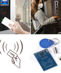 5Pcs RFID Kit With Mifare RC522 Reader Module For Development Projects and S50 White Cards shown in use with access control system.