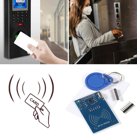 5Pcs RFID Kit With Mifare RC522 Reader Module For Development Projects and S50 White Cards shown in use with access control system.