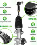 EZGO TXT Steering Rack Kit With Ball Joint And Latch For 2001 And Newer TXT And Workhorse Gas Or Electric Carts, Complete Gear Box Replacement, OEM Compatible showing rubber and aluminum materials with precision machining