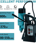 Zinnore 1800w Magnetic Drill Press With Heavy Duty Base And Powerful Torque For Portable Metal Working Tasks featuring controls and specs.