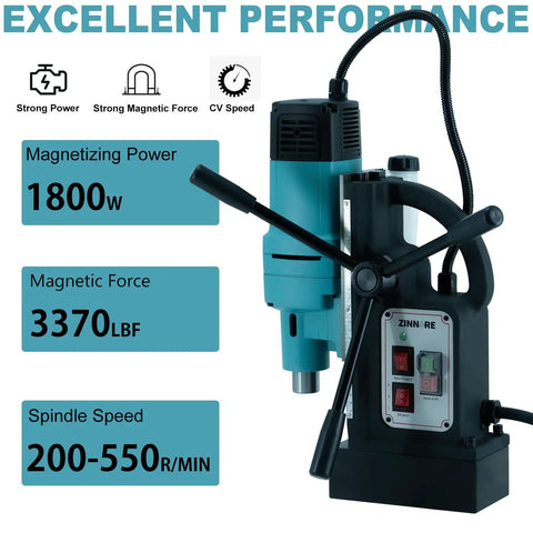 Zinnore 1800w Magnetic Drill Press With Heavy Duty Base And Powerful Torque For Portable Metal Working Tasks featuring controls and specs.