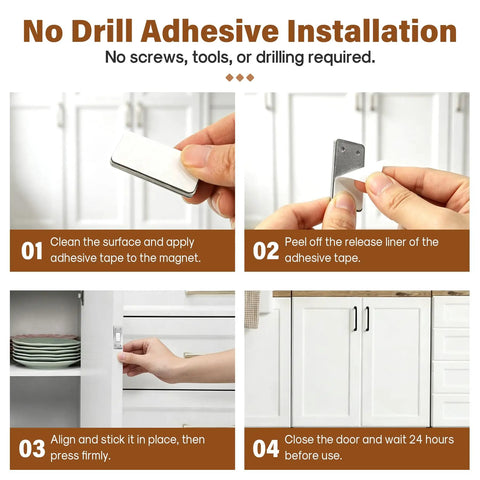 Ultra Thin Magnetic Cabinet Catch Set With No Drill Adhesive installation steps with stainless steel latches for cabinets.