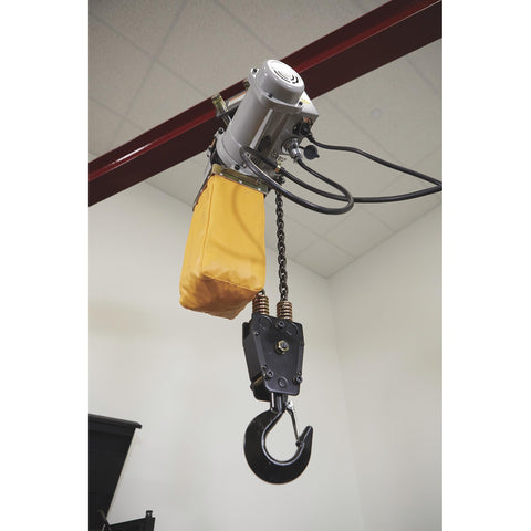 Electric Hoist For One Ton Load, Nine Point Eight Feet Lift, 110V Power, Remote Control With Emergency Stop, mounted on support beam.