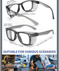 Slick Anti Fog Safety Glasses With Built In Side Shields, ANSI Z87.1 Certified, shown with dimensions and usage scenarios.