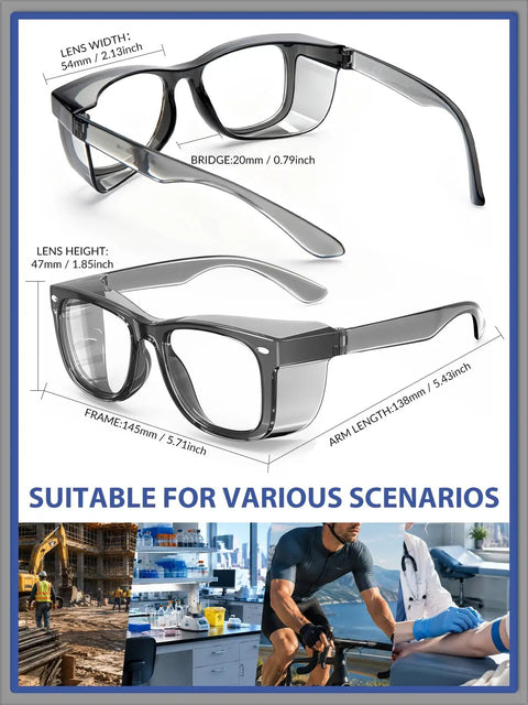Slick Anti Fog Safety Glasses With Built In Side Shields, ANSI Z87.1 Certified, shown with dimensions and usage scenarios.