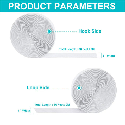 Heavy Duty Hook And Loop Tape 30 Ft X 1 Inch Self Adhesive Velcro Strips showing hook and loop sides with product length and width.