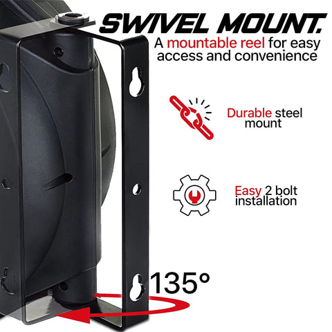 Swivel mount feature of Retractable Air Hose Reel With Three Eighths Inch By Fifty Foot Pro Grade Hybrid Polymer Hose Up To 300 PSI