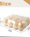 Clear Plastic Egg Cartons 50 Pack For 12 Eggs Each, Bulk Egg Storage Boxes; shown with eggs inside and size dimensions.