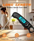 Instant Read Meat Thermometer With Folding Four Point Six Inch Stainless Steel Probe in kitchen, waterproof, backlit display