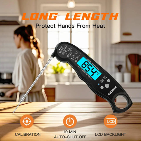 Instant Read Meat Thermometer With Folding Four Point Six Inch Stainless Steel Probe in kitchen, waterproof, backlit display