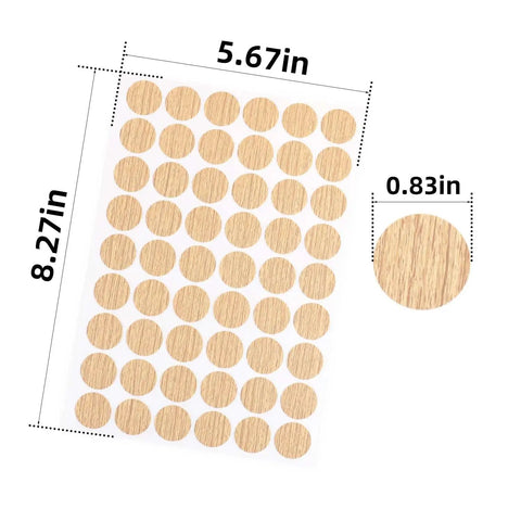 648 Pieces Screw Hole Covers Kit With 21mm Wood Textured Stickers PVC Self Adhesive Caps for Furniture, shown in a sheet.