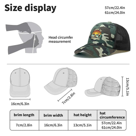 Size guide for Everyday Camouflage Trucker Cap For Men, showing dimensions and adjustable features.