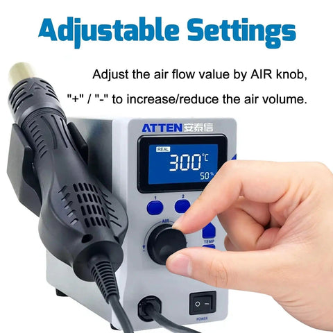 Hand adjusting the knob of 800W Hot Air Gun Soldering Station With LCD Display Auto Sleep Fast Desoldering Rework System