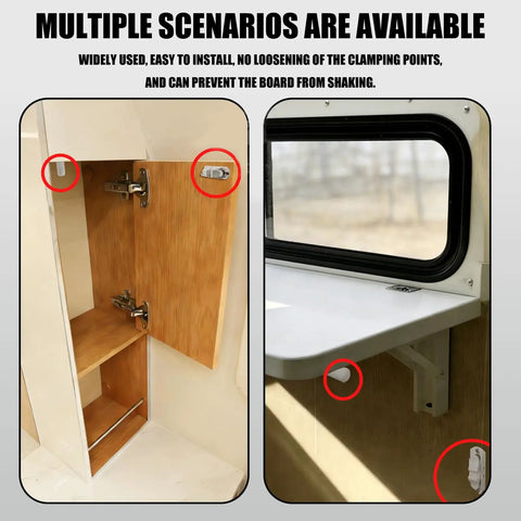 Durable Nylon Door Retainer Catch Clips For Caravans And Motorhomes securing cabinet doors in a motorhome interior.