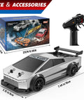 Dope 1 To 24 Scale 4WD RC Drift Pickup Car With Two Sets Of Drift And Off Road Tires High Low Speed 2 4GHz LED Remote Control Include 2 Batteries Perfect Gift For Boys And Girls Aged 6 To 16 displayed with size measurements and controller