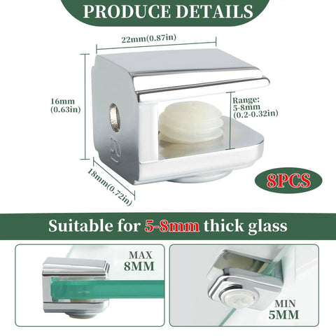 Premium Zinc Alloy Glass Shelf Brackets And Wall Mount Clamps An 8 Piece Heavy Duty Set, chrome clamp for 5-8mm glass panels.