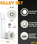 Pulley set dimensions and features for Dryer Repair Kit With Drive Belt Idler Pulley And Drum Roller Set For Cabrio Duet Style Dryers.