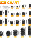 Size chart of Hex Socket Cup Point Set Screw Kit 407 Piece Assortment In 12.9 Carbon Steel For M5 M6 M8 M10 precision components