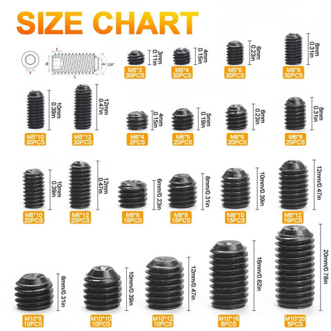 Size chart of 407 Piece Hex Socket Cup Point Set Screw Kit With Partitioned Case Pro Grade Carbon Steel 12.9 including M5 to M10 sizes.