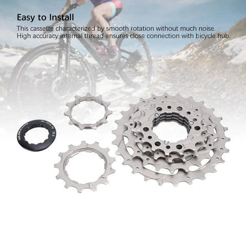 Six Speed Bike Freewheel Cassette For Mountain And Hybrid Bikes, Threaded Type Freehub Sprocket Upgrade laid out with cyclist background