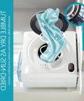 All In One Electric Washer Dryer Combo Smooth Operator Featuring Thick Stainless Drum showing washing cycle with blue fabric inside drum.