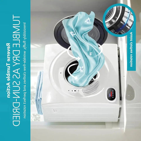 All In One Electric Washer Dryer Combo Smooth Operator Featuring Thick Stainless Drum showing washing cycle with blue fabric inside drum.