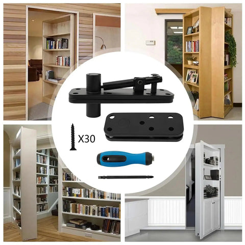 Rock Solid Heavy Duty Invisible Door Hinges With Sleek Hidden Pivot Bracket Delivering Smooth 360 Degree Full Swing Action In Tough Matte Black Coating Single Pack embedded in various cabinet designs.