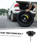 Universal Spare Tire Hardware Kit With Clamp Bolt Replacement For Cars Easy Install And Tire Retention System shown fixing tire.