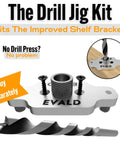 Image of Evald drill jig kit shown with screws and drill bit, compatible with Hidden 6-Inch Floating Shelf Bracket Kit No-Fuss Heavy Duty Wall Mount.