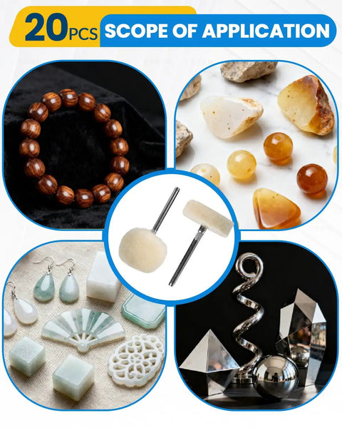 Polishing Kit For Dremel 100 Piece Buffing Wheel Set with wire brushes, wool felt heads, polishing various jewelry and metal decor.
