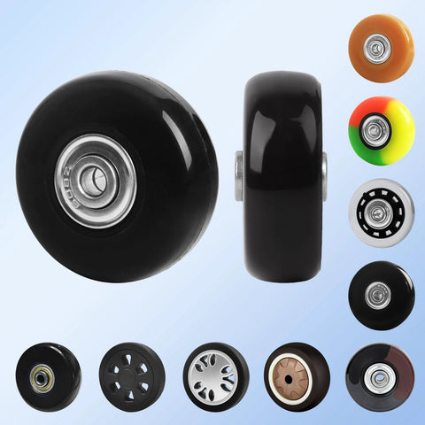 Replacement Luggage Wheels And Hacksaw Kit For Suitcases featuring two black 60mm PU swivel casters and various wheel designs.