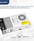 Beefy 24V DC Power Supply 600W 25A Switching Adapter showing fan and voltage switch options for 3D Printers, LED Strips, and Motors.