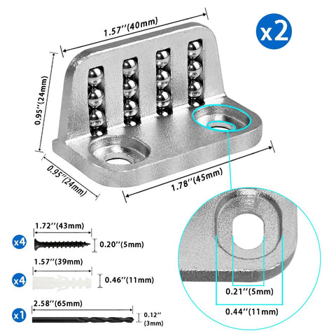 Four Pack Barn Door Floor Guide Bearings With Adjustable Bottom Rollers, steel dimensions diagram and included hardware