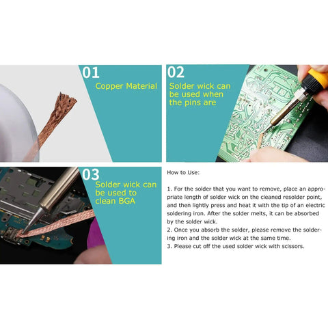 Copper Desoldering Wick Braid 5Pcs Set With High Thermal Conductivity for PCB solder removal in three images.