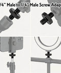 Top Shelf 4 Pack Quarter Inch Male To Male Threaded Tripod Screw Adapter Fits Camera Cages And Light Stands Knurled Aluminum Build Is Straight Up Built Different For Pros, showing 1/4" male adapter on tripod.