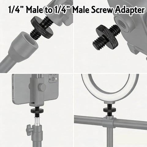 Top Shelf 4 Pack Quarter Inch Male To Male Threaded Tripod Screw Adapter Fits Camera Cages And Light Stands Knurled Aluminum Build Is Straight Up Built Different For Pros, showing 1/4" male adapter on tripod.