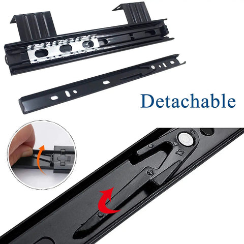 Heavy Duty Drawer Slides Detachable 10in or 12in Length, 3 Fold Glides, Ball Bearing Runners for Smooth Quiet Opening, Rustproof Cold-Rolled Steel, High Load 40kg Per Pair, Durable and Reliable for Fast Fixes. Detachable black steel drawer slide with release lever and mounting holes