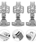 Three stainless steel self-closing cabinet door hinges with mounting plates; includes close-up component views.