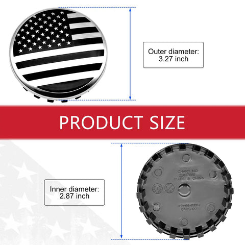 Four Piece Usa Flag Wheel Center Cap Covers Fresh Ride Upgrade Rim Hub Caps Three Point Two Seven Inches 83Mm Solid Alloy ABS showing size dimensions.