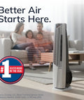 All Season Hybrid Oscillating Fan And Space Heater For Home Use With Remote Control Timer Thermostat Tip Over Switch 1500W Ceramic Heater And High Velocity Tower Fan 37.5 Inches White in a living room setting